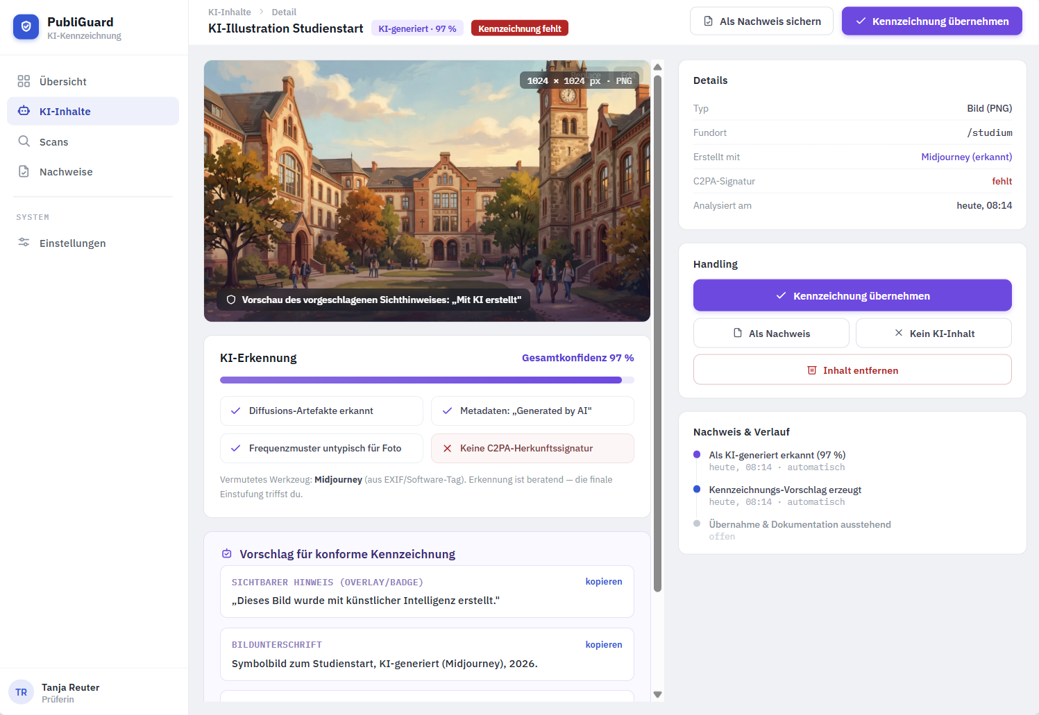 AIGuard: Detailansicht eines KI-generierten Bildes mit Konfidenzwert und Vorschlag für eine konforme Kennzeichnung.