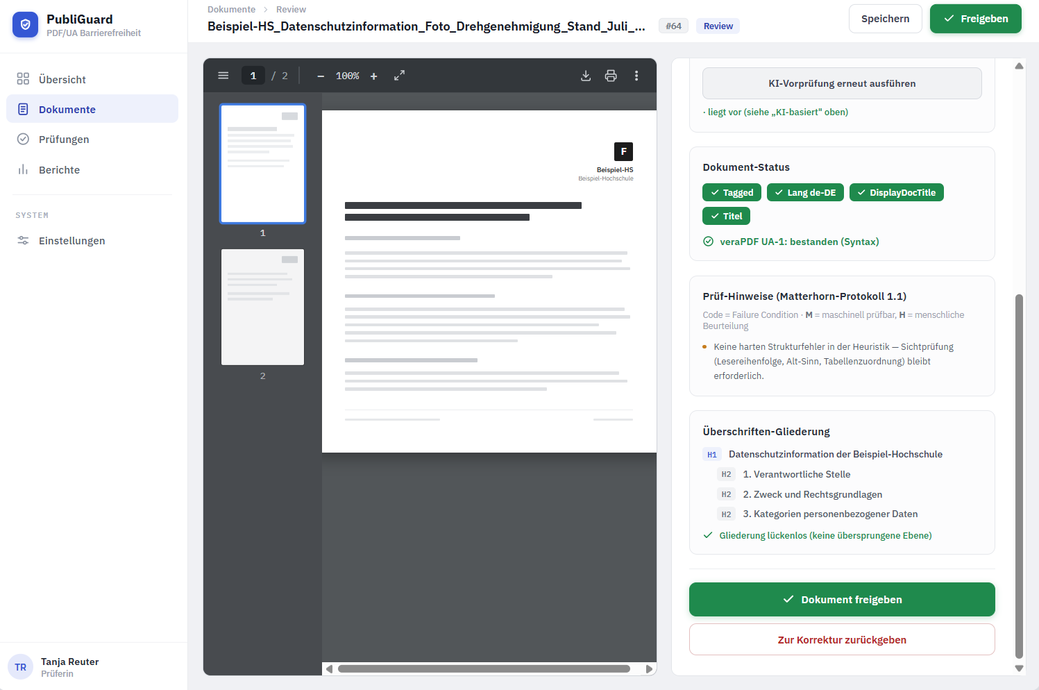 PDFGuard-Sichtprüfung: PDF-Vorschau links, rechts Dokument-Status, Matterhorn-Prüfhinweise, Überschriften-Gliederung und die Schaltflächen Freigeben und Zur Korrektur zurückgeben.